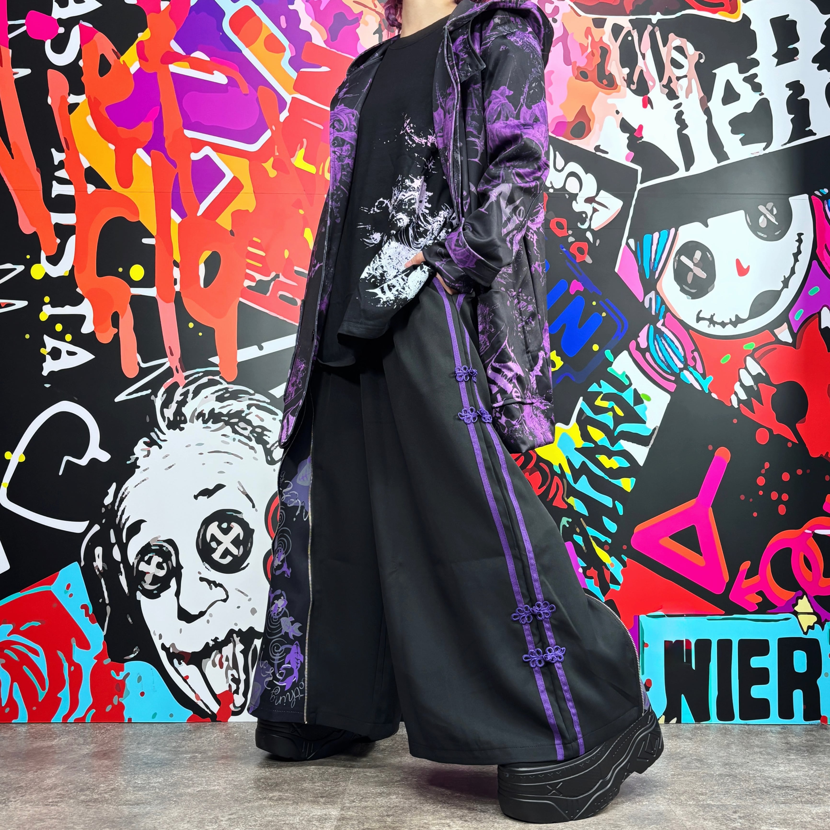 ZIP SLIT×チャイナライン和装WIDE PANTS【紫和柄金魚】 | NIER CLOTHING