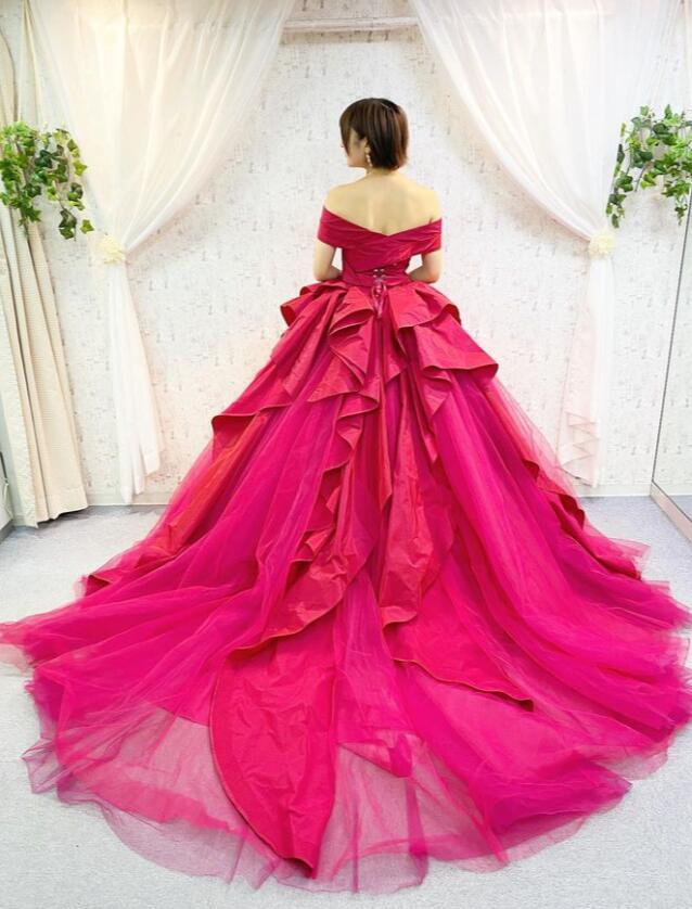 カラードレス ピンクソフィア オフショルダー ラッフルフリル チュール  