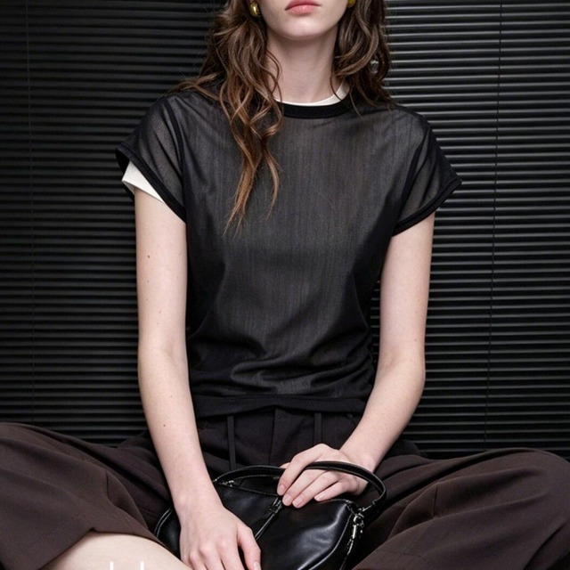 Layered sheer slim tee 3 colors　V2989