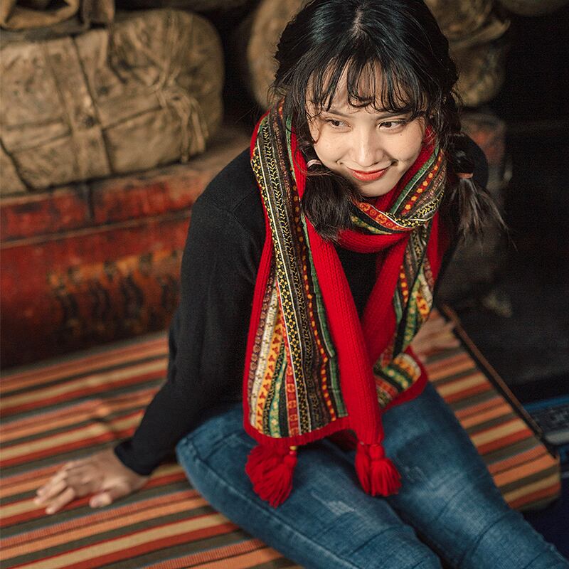 ドリームホーストラベルウォームスカーフ雲南チベットレッドエスニックスタイルショールポーレトロマント秋冬スカーフ ドリームホーストラベル婦人服92098223023