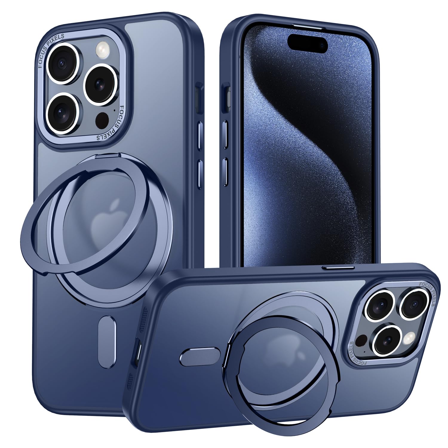 【努力特価】iPhone 15 Pro 用 ケース Magsafe対応 360°回転スタンド アイフォン15プロ カバー Uovon スマホケース アイホン 15pro 携帯ケース ワイヤレス充電 車載ホルダー対応 ストラップ穴付き 指紋防止 半透明 黄?防止 ・ ブルー