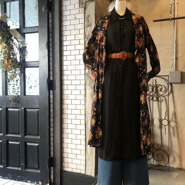 Vintage floral gown ヴィンテージ花柄ガウン 羽織コート BLK ...