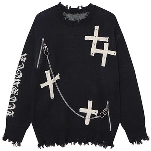 ロゴスリーブチェーンジッパークロスパッチダメージニット（2カラーあり）（lli_6298）