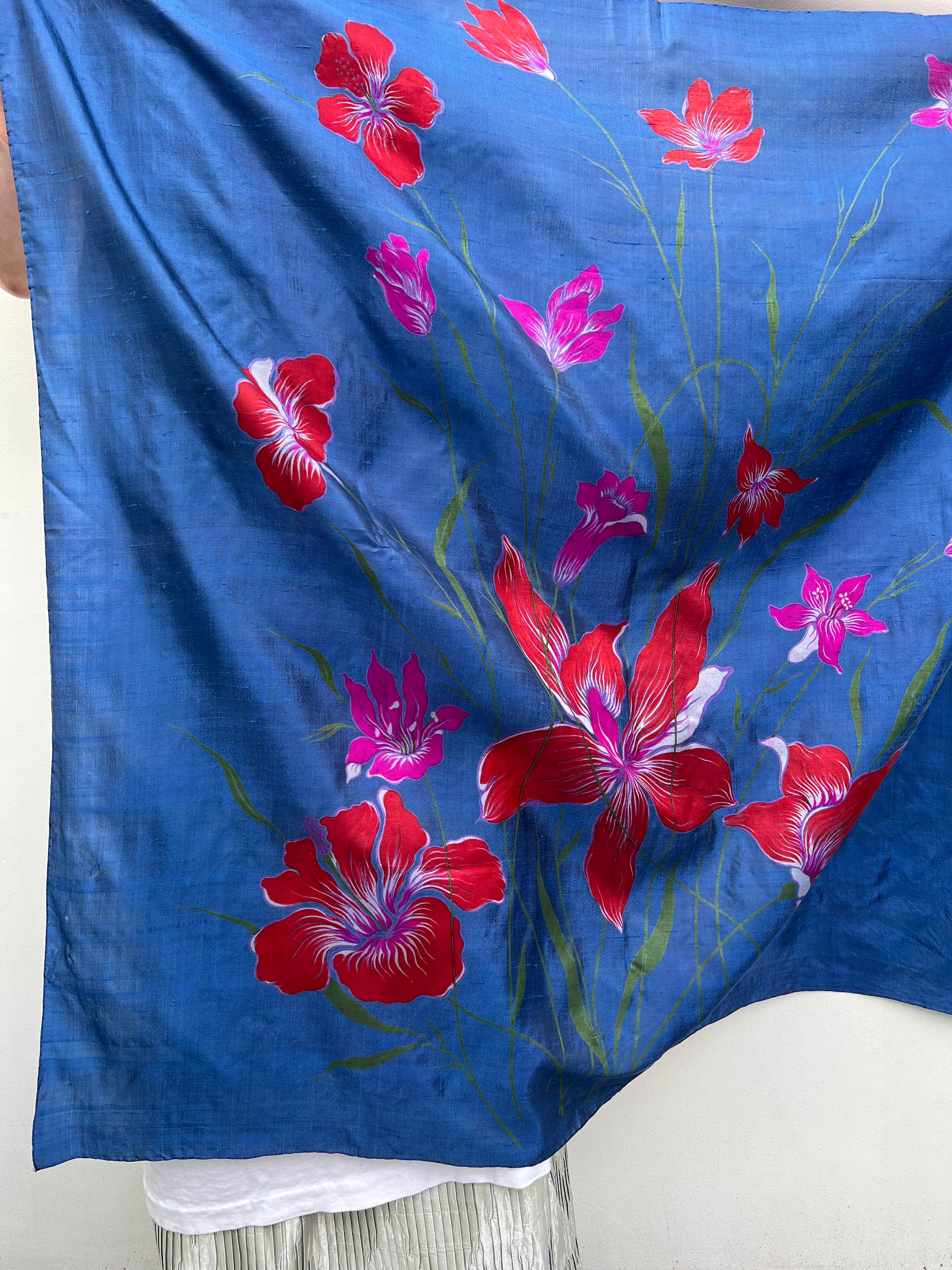 Vintage Thai silk navy × floral scarf ( ヴィンテージ タイシルク