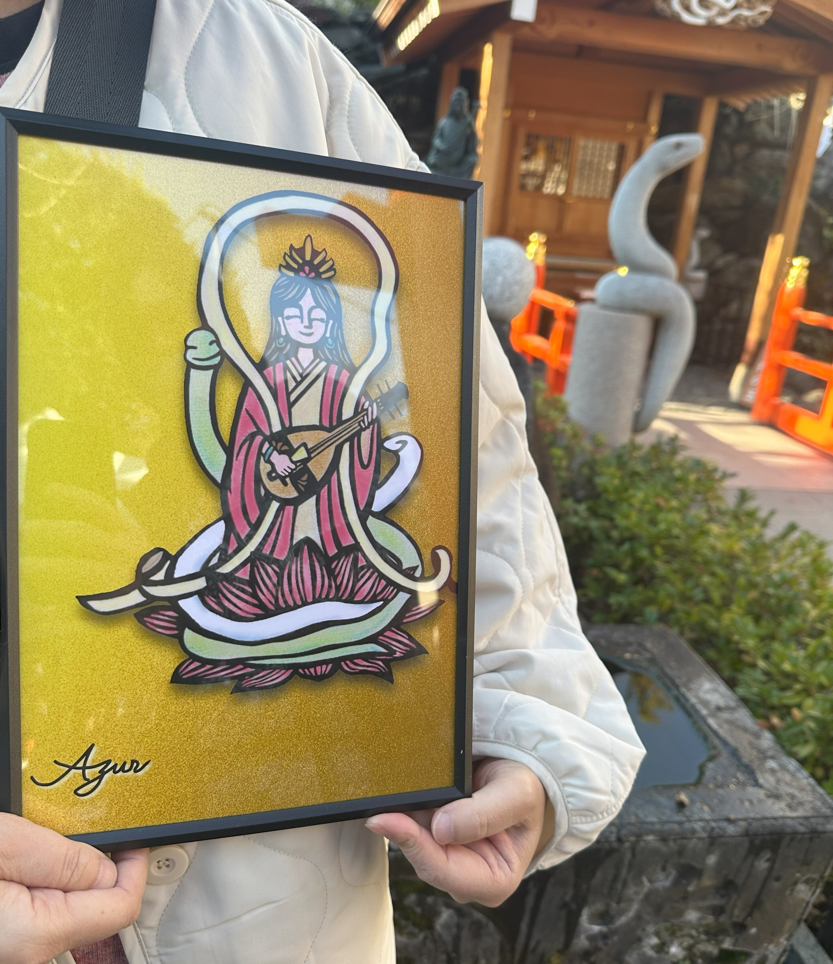 N-1【開運】弁財天と白蛇 A4フレーム送料込 弁財天開運アート 天使の