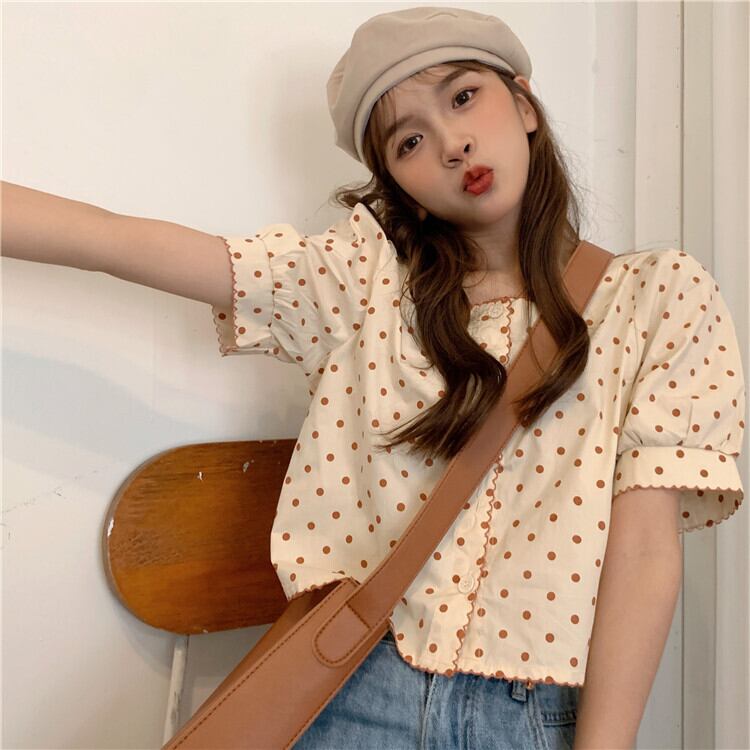 水玉シャツ サマースリーブルーズトップス 大人ガーリー スウィート キュート カジュアル 夏物 スクウェア クレセントシティ80745537564