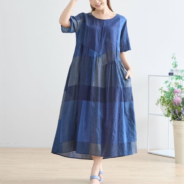 ワンピース ブロックチェック 綿100% コットン N82-206 TRUBE ブルー M L fmsd 上品 ゆったり 体型カバー 婦人服 服 ミセス 春夏