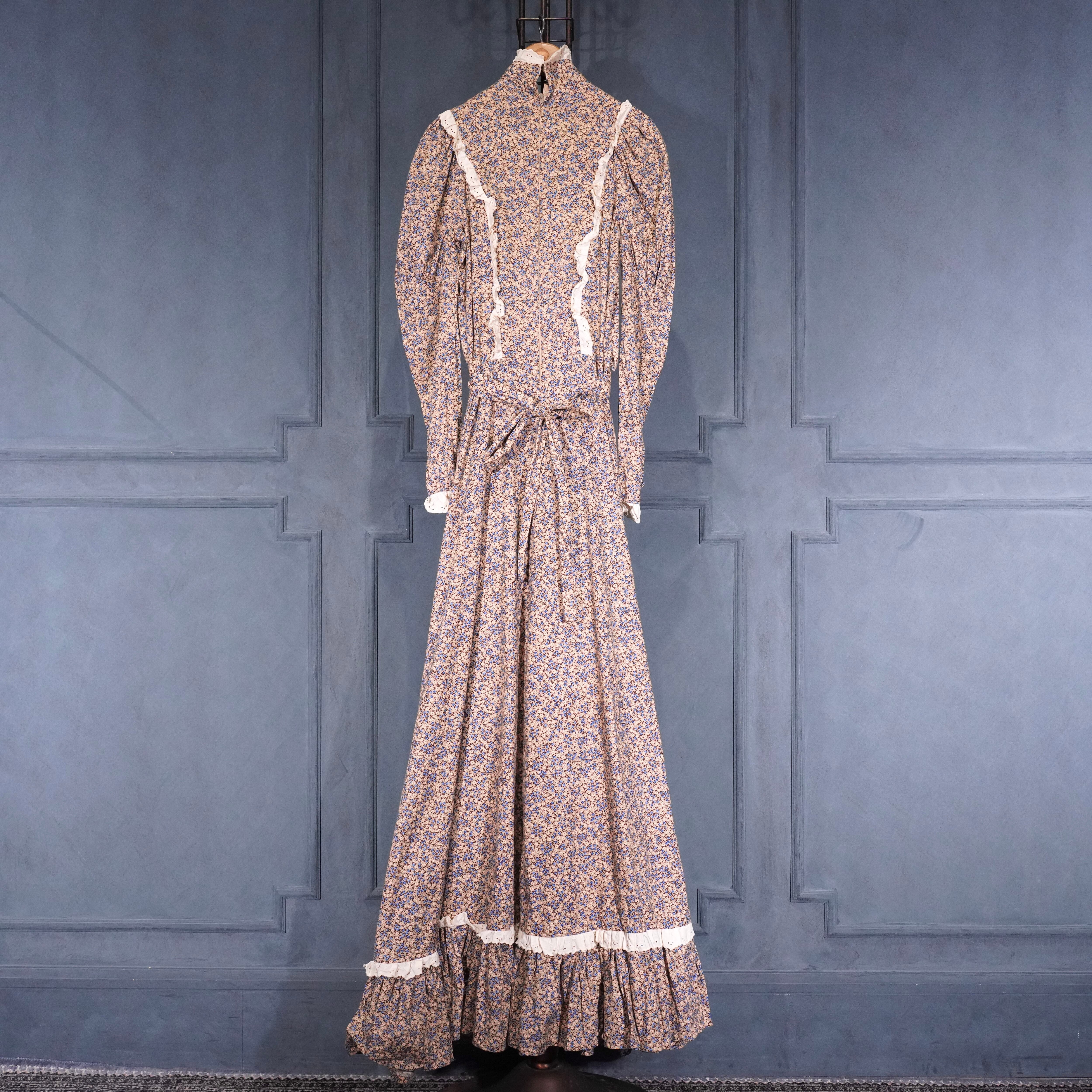 70's USA VINTAGE FLOWER PATTERNED LACE DESIGN COTTON DRESS ONE