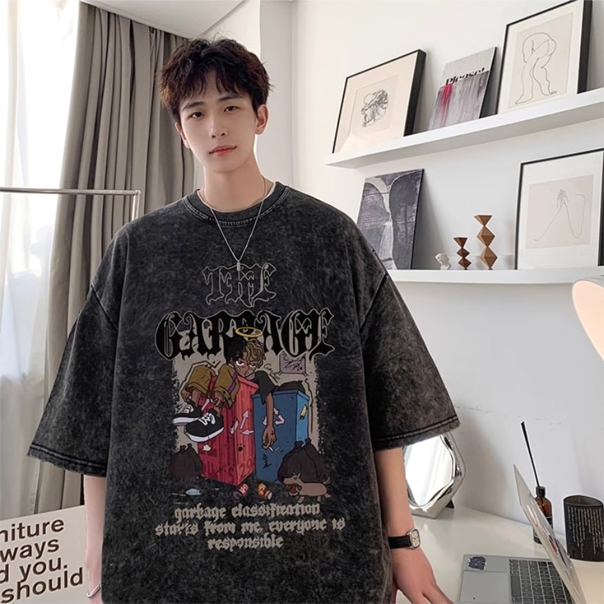 サブカル 服 地雷系 通販 メンズ 半袖 Tシャツ プリント柄 ウォッシュ