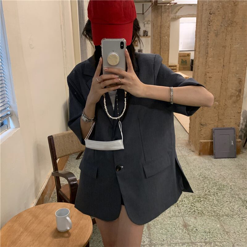 ジャケット サマースタイルルーズ薄手ロンググレー ストリート 夏物 ブラックストロベリース7682153086