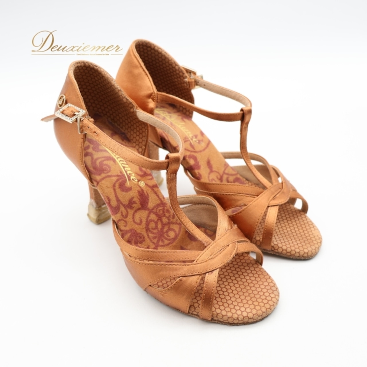 社交ダンス 衣装 ラテン シューズ 22.5cm ブラウン系 Ads 靴 くつ ヒール レディース ストラップ 茶 明るい 光沢 上品 練習 レッスン イベント ステージ かわいい ダンス衣装 ラインストーン キラキラ