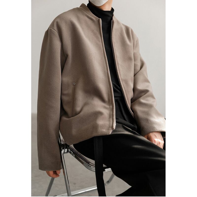 simple wool bomber jacket long sleeve stand collar full zip up mr0053