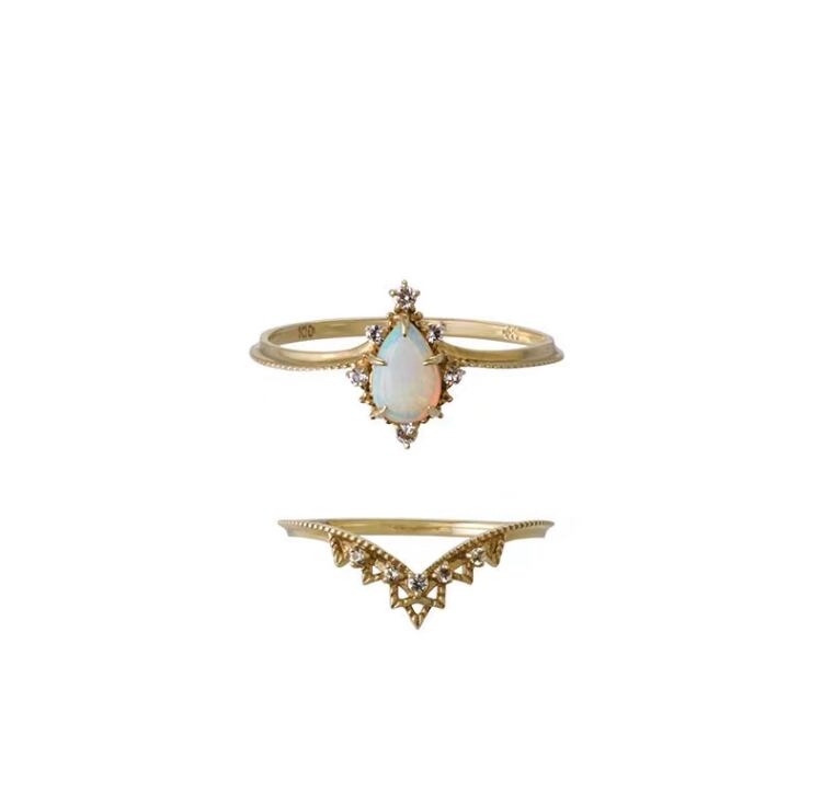 2個セット ライトラグジュアリーリングs925シルバークラウンレースデザインオパールセットリングCT21779