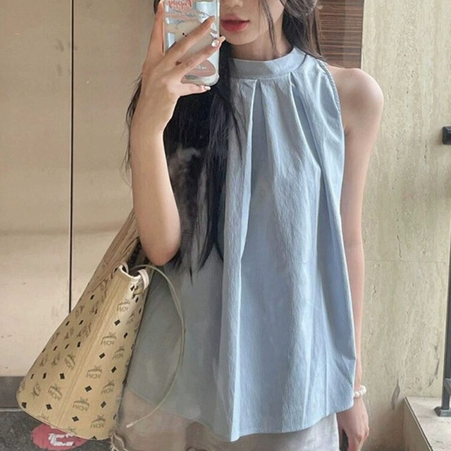 レディース トップス シャツ ブラウス 袖なし ノースリーブ ホルターネック フレア Aライン フェミニン タック タックプリーツ かわいい 大人可愛い きれいめ シンプル カジュアル 上品 おしゃれ こなれ感 ガーリー エレガント 抜け感 ラブリー キュート ベーシック 無地 春 夏 学生 学校 通学 デート お出かけ お泊まり リゾート 旅行 海 ビーチ 女子会 休日 バカンス 高原 ガーデン ショッピング カフェ 普段使い 着回し モテ 清楚 定番 ゆったり フリーサイズ 黒 ブラック ライトブルー