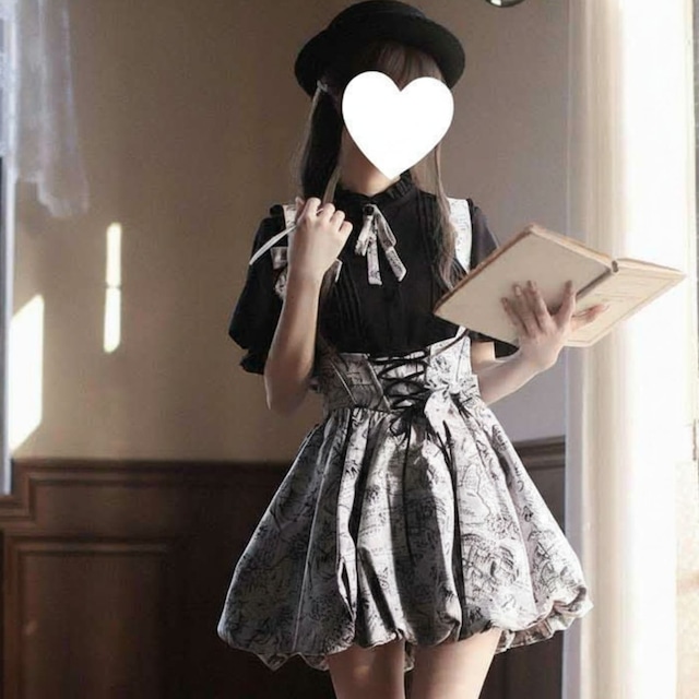 クラシカルリボンブラウス×アンティーク柄スカートセット：スカート