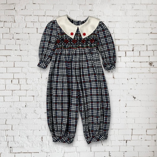 【12-18m】bonnie baby plaid smocked coverall ボニーベビー チェック柄 スモック カバーオール ロンパース