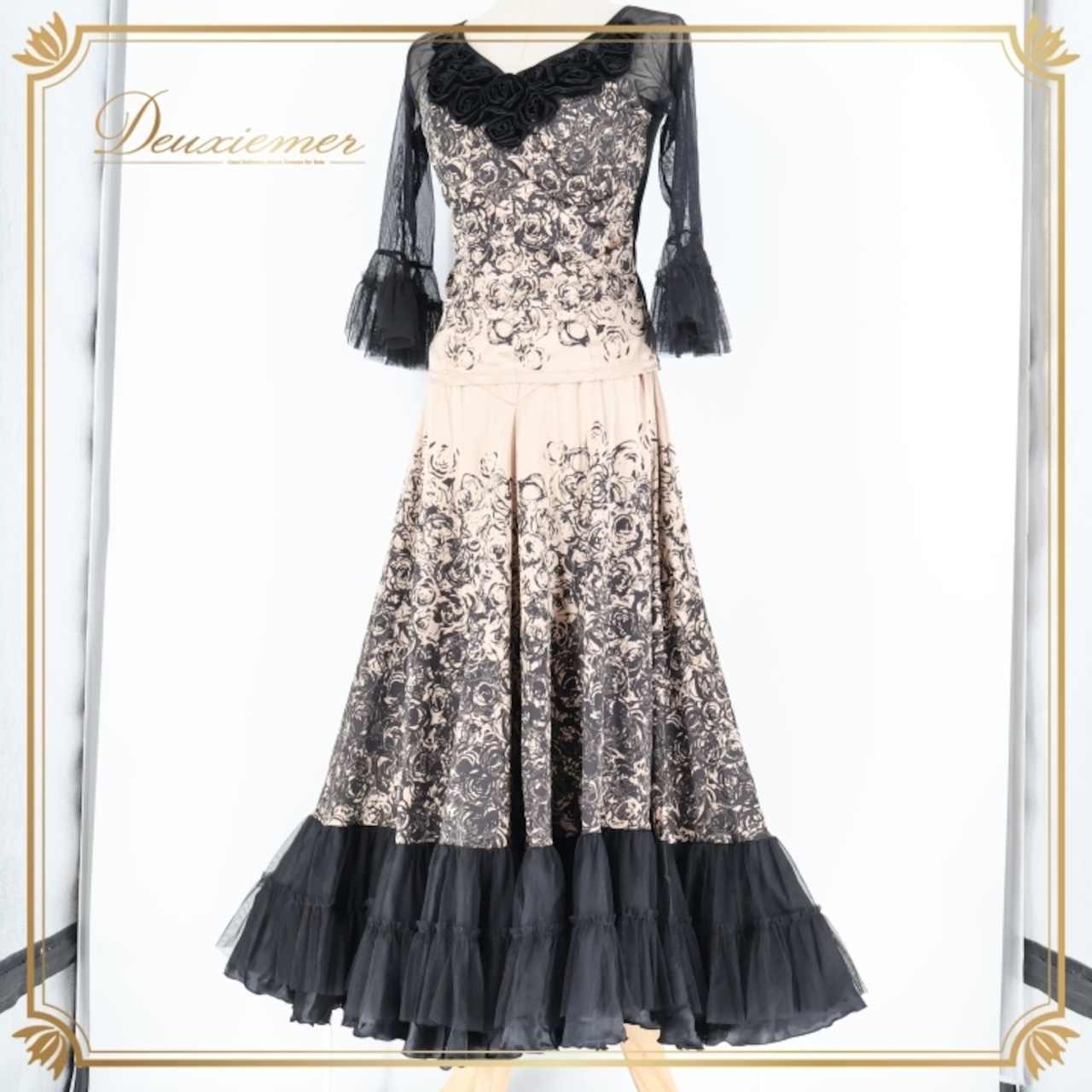 社交ダンス 衣装 チャコット Chacott トップス ブラウス スカート ツーピース セットアップ 黒 ゴールド 金 ベージュ フリル 花柄 上品 綺麗 パーティ 発表会 レッスン 練習着 ブラック系 ベージュ系 ゴールド系 フェミニン おしゃれ フォーマル 発表会衣装 お洒落