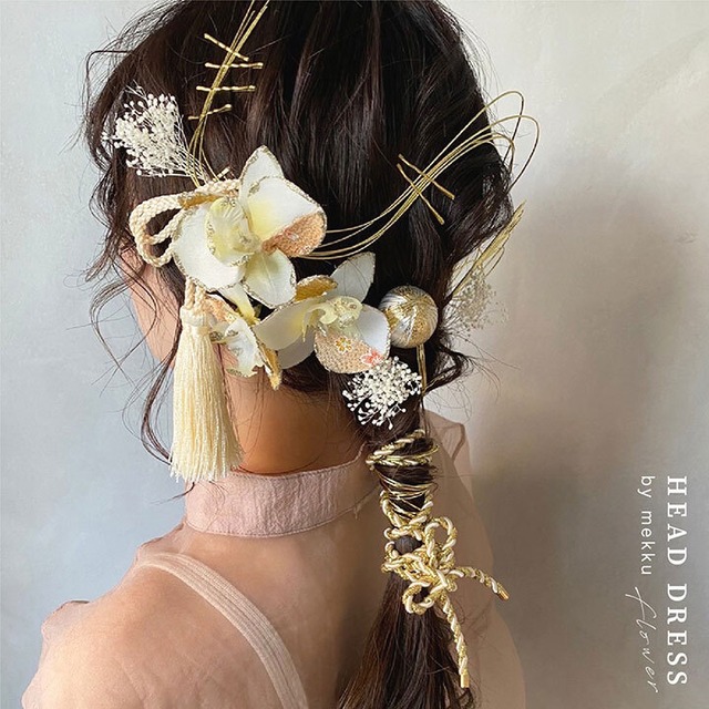 成人式・結婚式・卒業式 胡蝶蘭と水引の髪飾り/紐 かすみ草/白 ホワイト[wa155]
