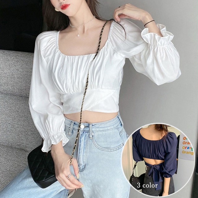 長袖 シャツ ショート丈 へそ出し シンプル レディース トップス