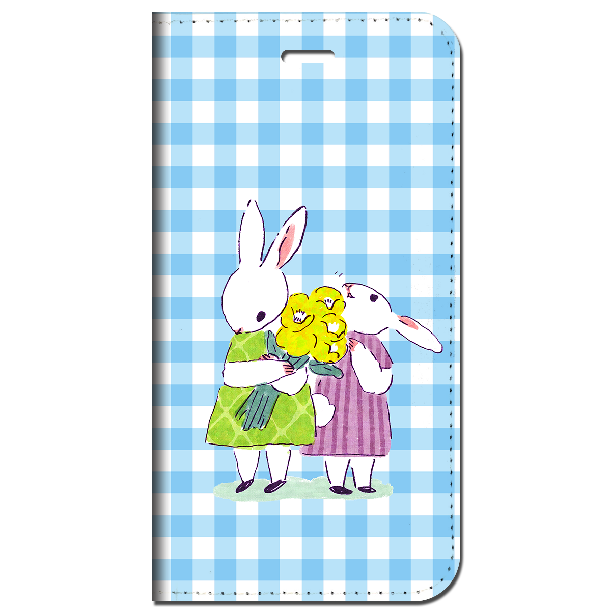 iPhone対応 スマホ 手帳型ケース うさぎ チェック ブルー イラスト キュート 動物 【iPhone17 / iPhone16 / iPhone16e / iPhoneSE 他 iPhone各機種対応】 st63