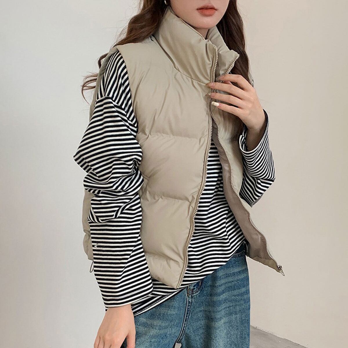 ダウンベスト 中綿 ダウン レディース 秋冬 韓国 防寒 保温 暖かい 軽量 大人 カジュアル ゆったり 重ね着 レイヤード ショート丈 ハイネック エコダウンジャケット 大人可愛い 大人女子