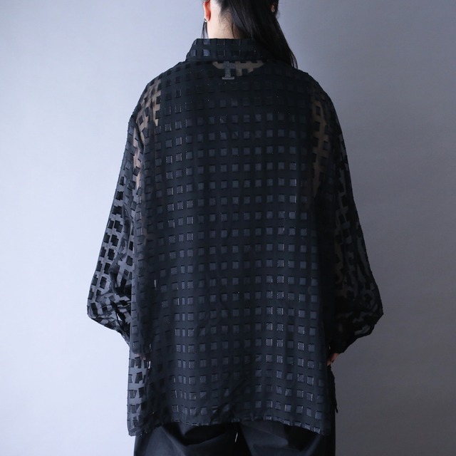 black one-tone full block pattern XX over silhouette black see-through shirt