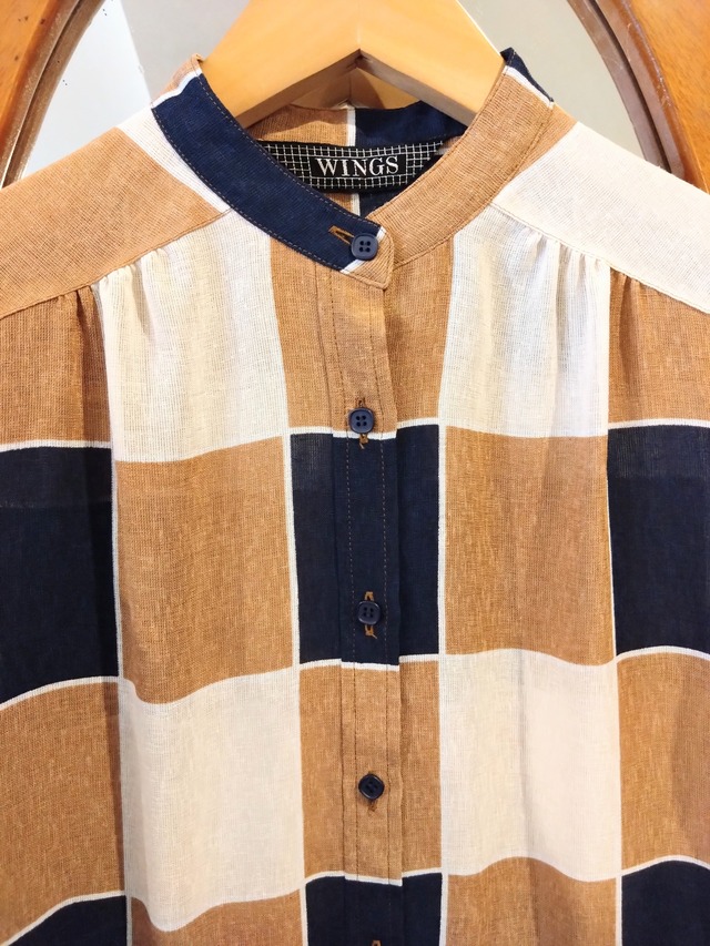 ブロックチェック柄スタンドカラーワンピース/レトロモダン昭和古着服