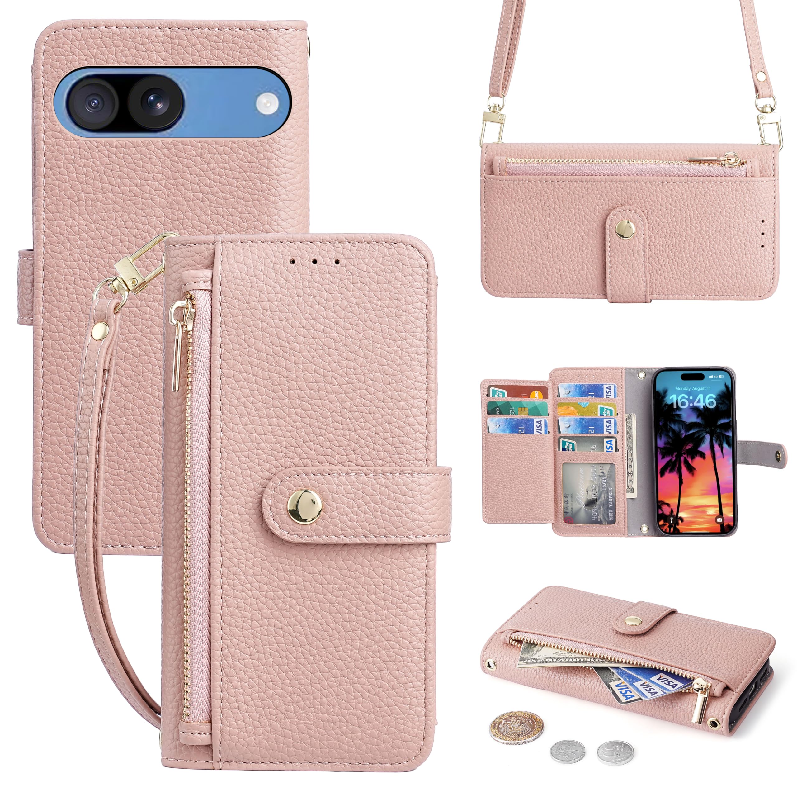 Vokpok対応 Google Pixel 7a ケース 手帳型 ショルダー 強力マルチカード収納 スタンド機能 耐衝撃 全面保護 グーグルピクセル 7a 財布型ケース 肩掛け 斜めがけ 手首かけ、掛けストラップ付き (長さ調整可能) おしゃれ 実用性 ジッパー小銭入れ Pixel 7a スマホケース PUレザー ある滑らかな手触り 贈り物 ピクセル7a ケース, ピンク