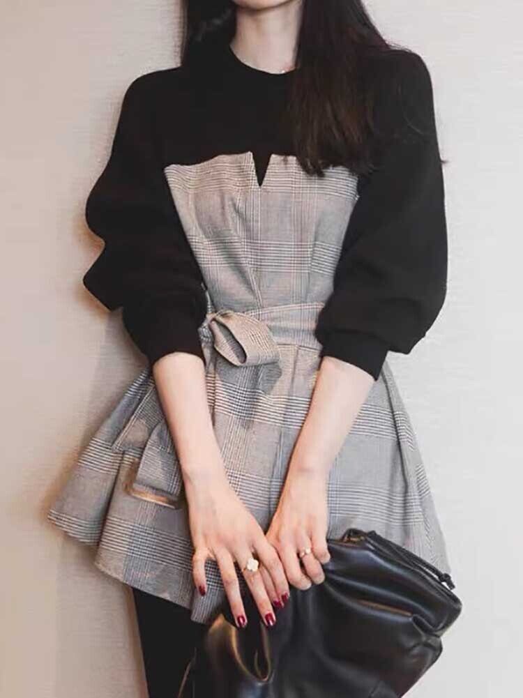 カジュアル切り替えパンツスタイル映え グレンチェックビスチェ 