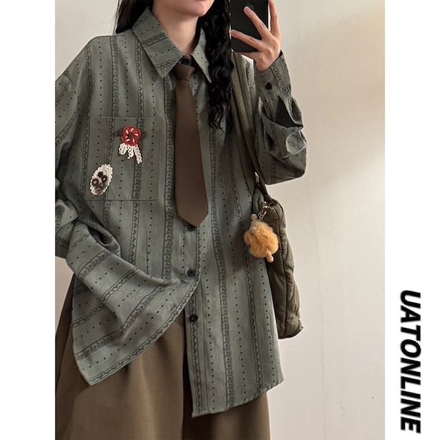 【UATONLINEシリーズ】★シャツ★ 2color ネクタイ付き トップス 長袖シャツ ユニセックス メンズ 縦縞 縞模様