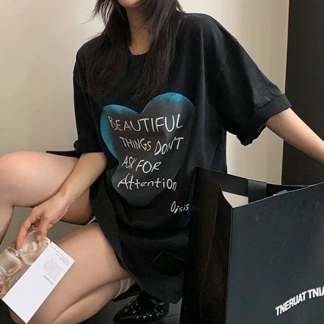 ビッグハートレタープリントルーズラインTシャツ 2col R02445