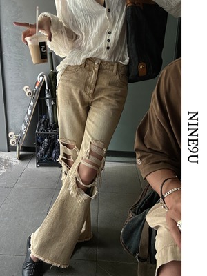 damage denim boots-cut pants【NINE6372】