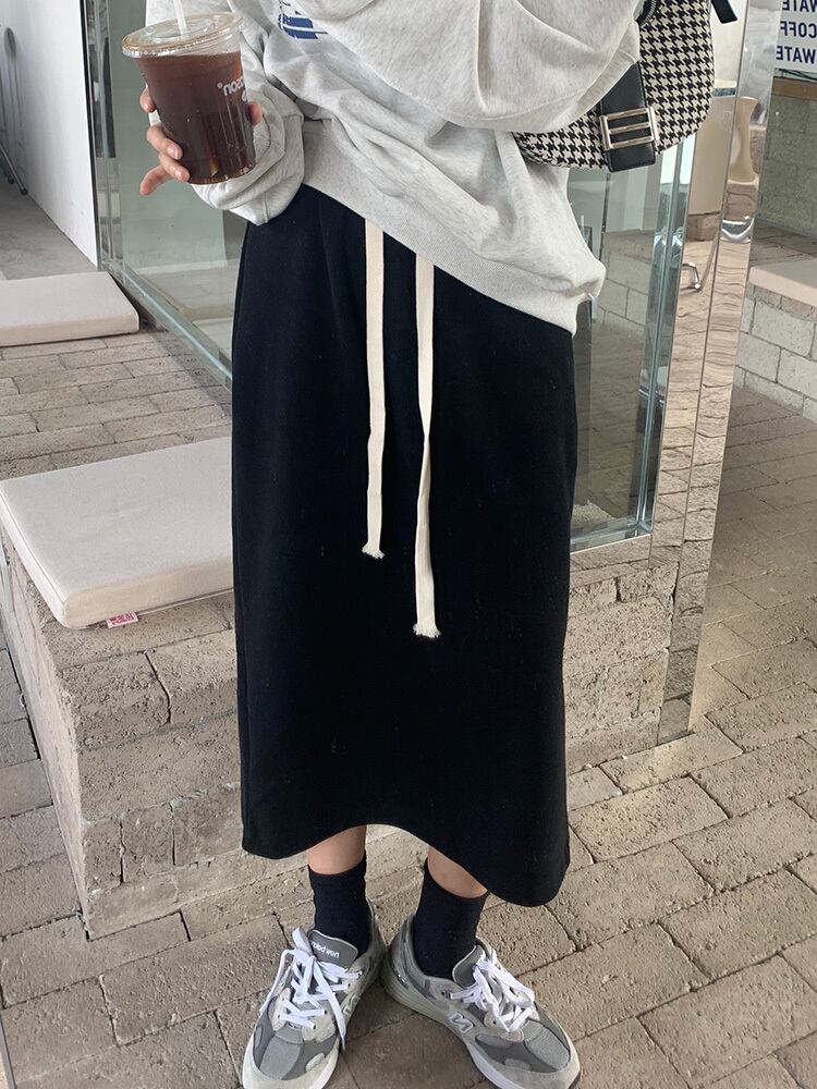 カジュアルスカート セーター レディースオータムスタイルストレッチウェストポケット レース エラスティック 伸縮 秋物 レースアップ ビッグFスモールZ韓国1032927561