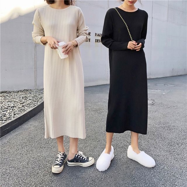 シンプル大人LADYに♪ラウンドネックニットワンピース / Women's Slim Pleated Dress Retro French Long Sweater Dress (DCT-577721179648)