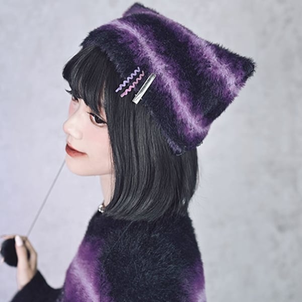 ブラックパープルボーダーボンボン猫キャップ(ruf_02588)