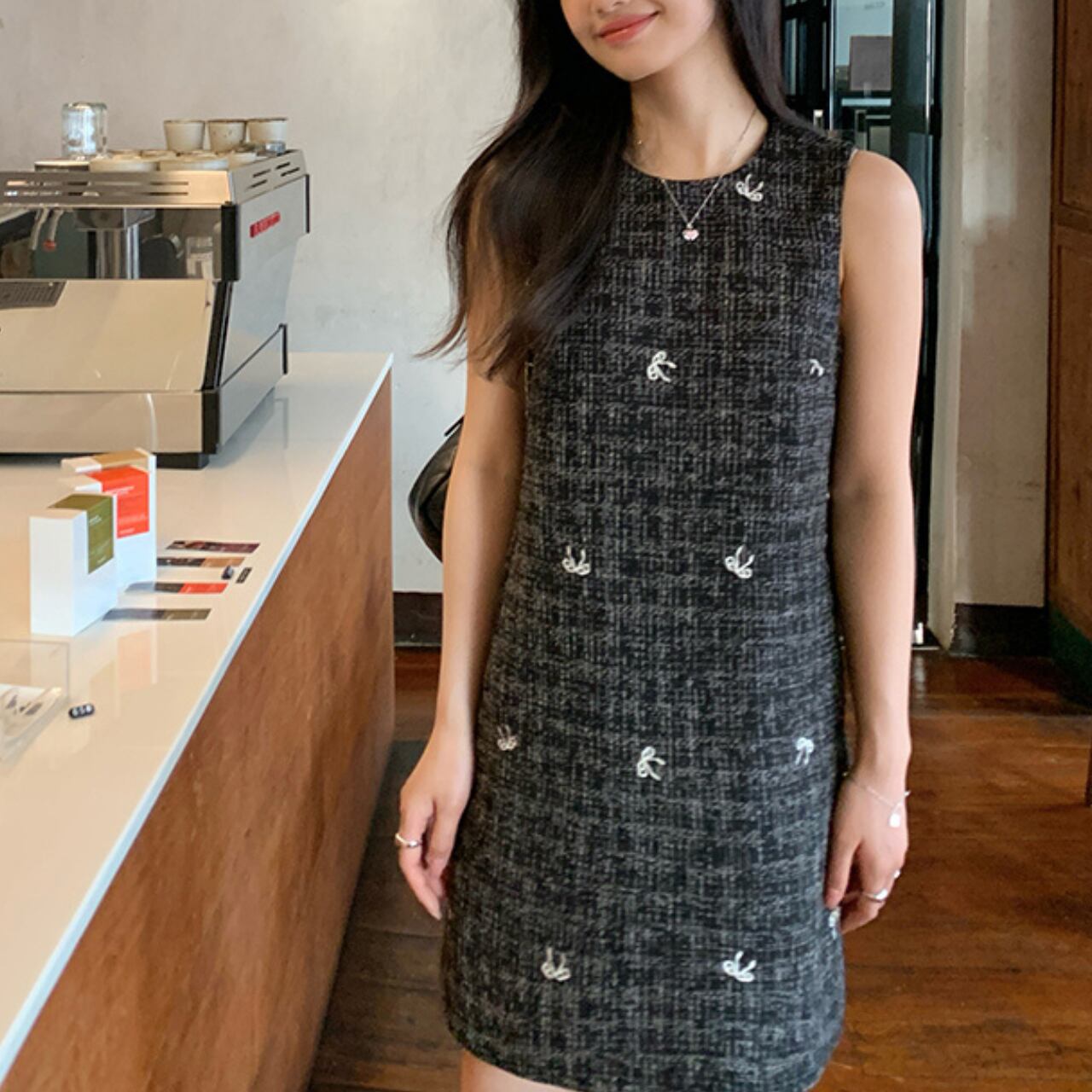 ラウンドネックノースリーブ リボンワンピース A4140