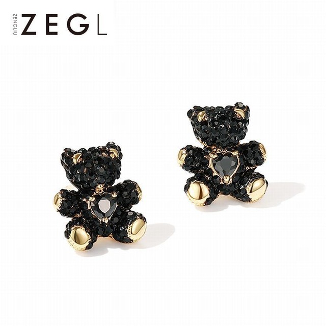 ZEGL】黒くまのピアス キラキラ 韓国アクセサリー レディース ピアス 