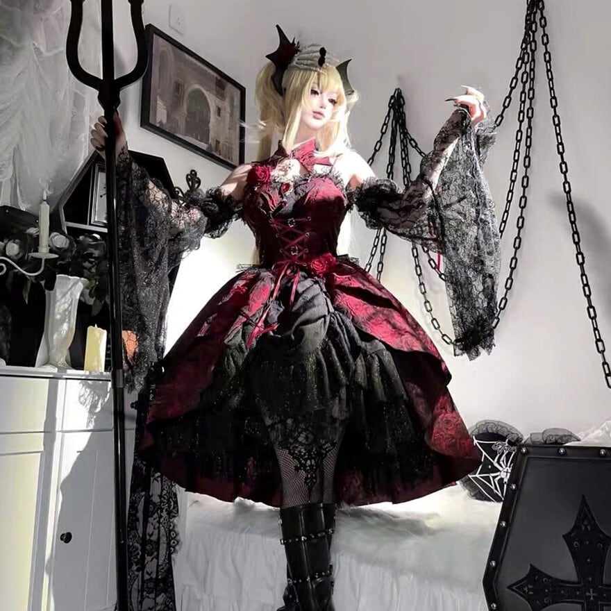 ゴスロリ ドレス コルセット風 レースアップ レイヤードスカート 撮影