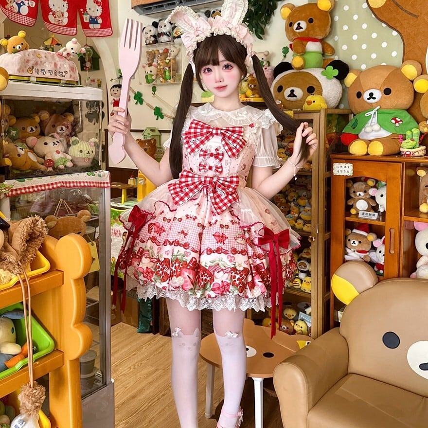 苺ミルクのおやつ時間 赤チェック大リボン付き甘ロリジャンパースカート