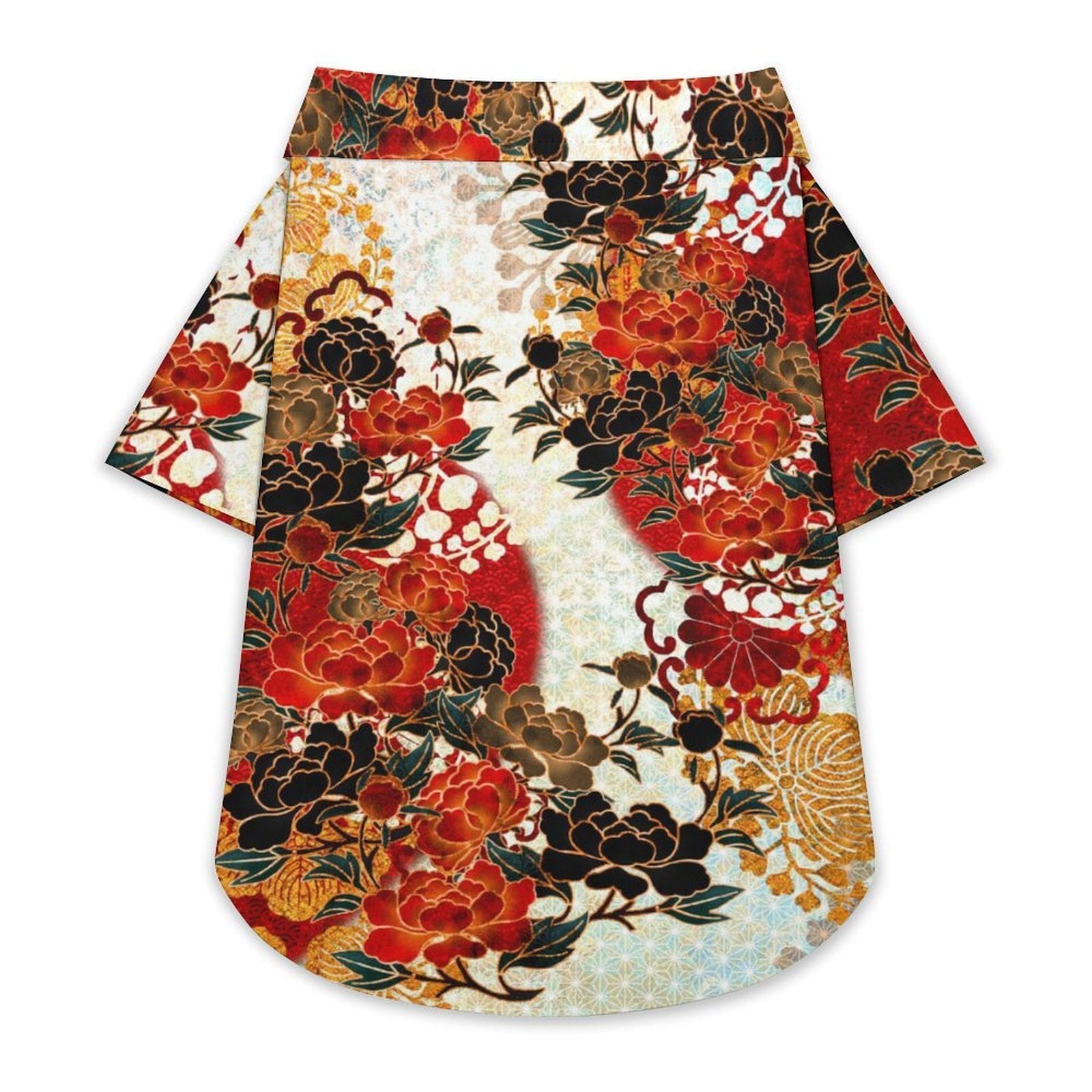 和紋様装飾　牡丹　紅白　犬猫用アロハシャツ