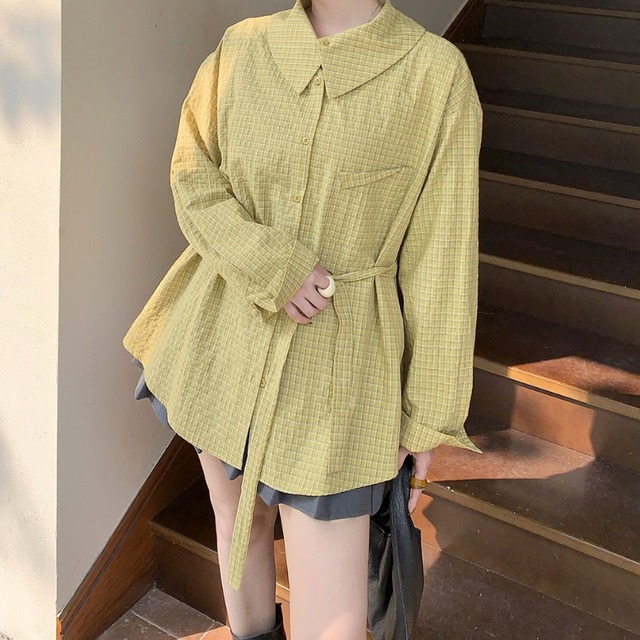 big collar classic check belted shirt【2color】  e2105