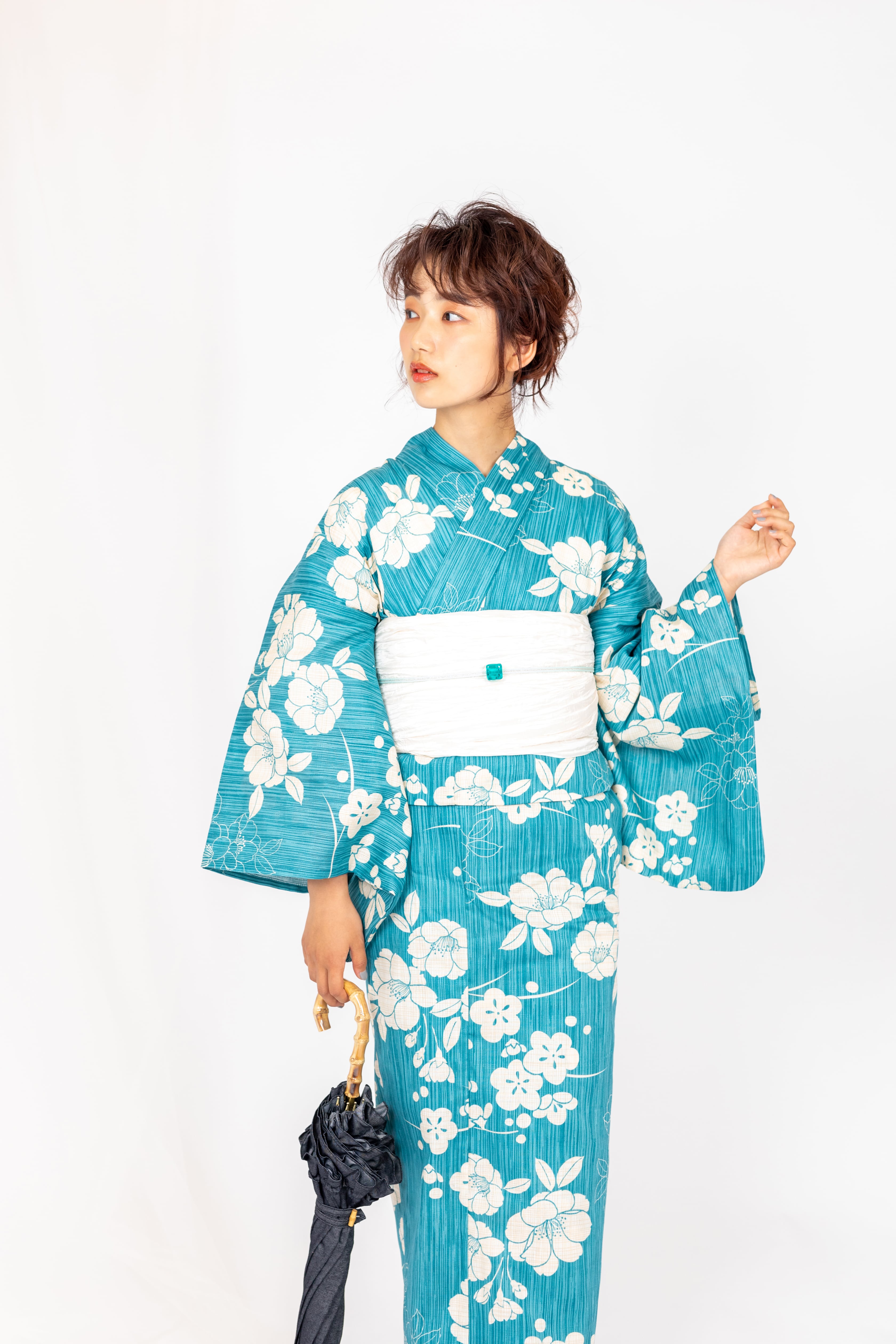 浴衣 単品（古典 椿 梅 青緑 ターコイズブルー 綿麻） | KIMONO CHOYA