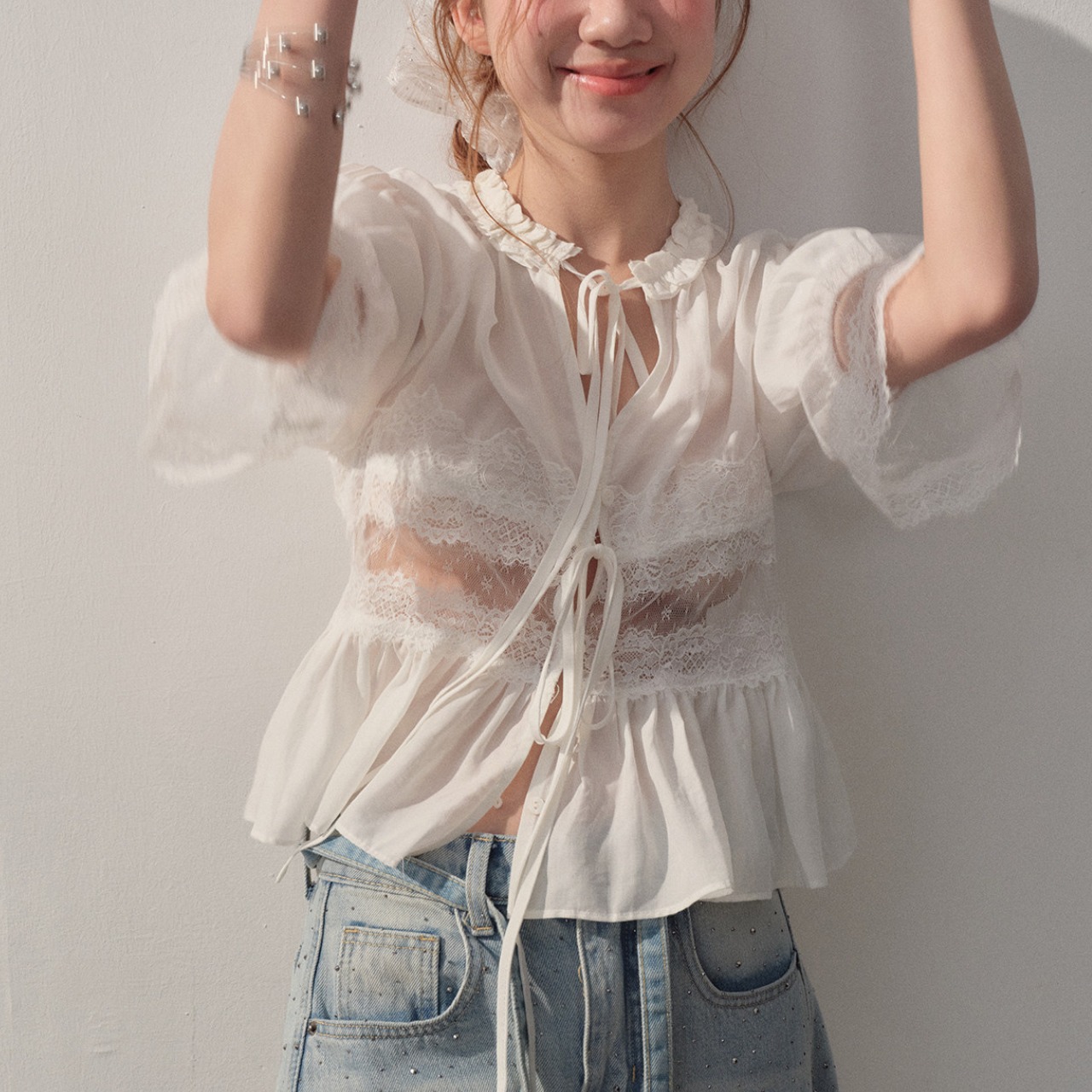 Ribbon Tie  Lace Short Blouse  T4457