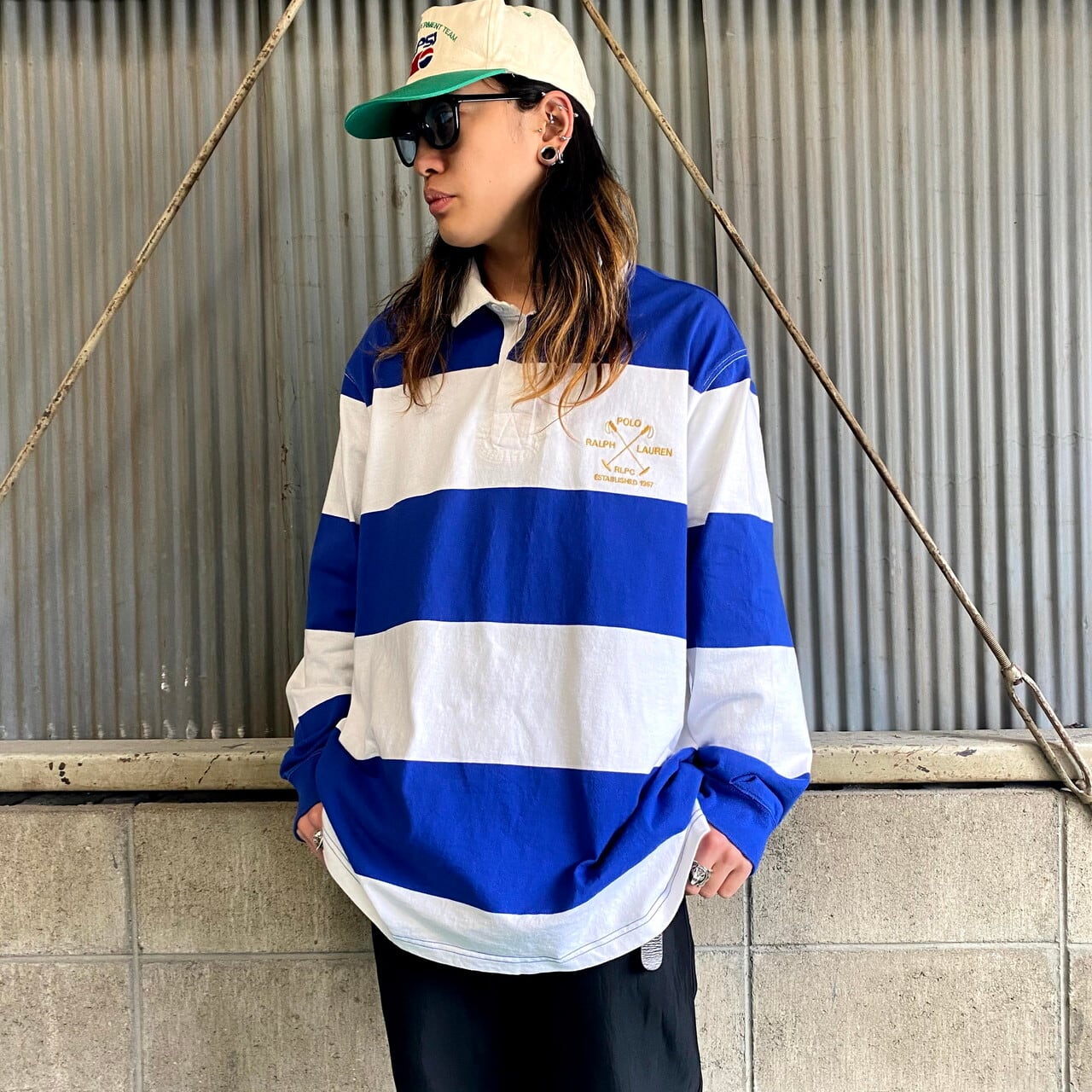 ポロバイラルフローレン ボーダー 長袖 ラガーシャツ メンズxl 古着 Polo By Ralph Lauren ポロシャツ ブルー ホワイト 青 白 ポロシャツ ラガーシャツ Cave 古着屋 公式 古着通販サイト