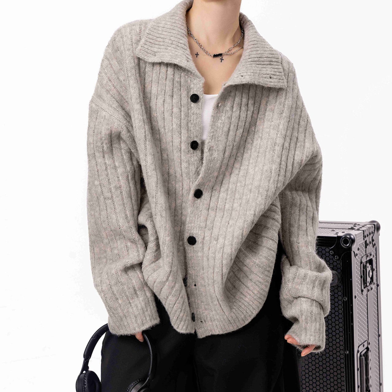 オーバーサイズ 襟付きニットカーディガン JC0182