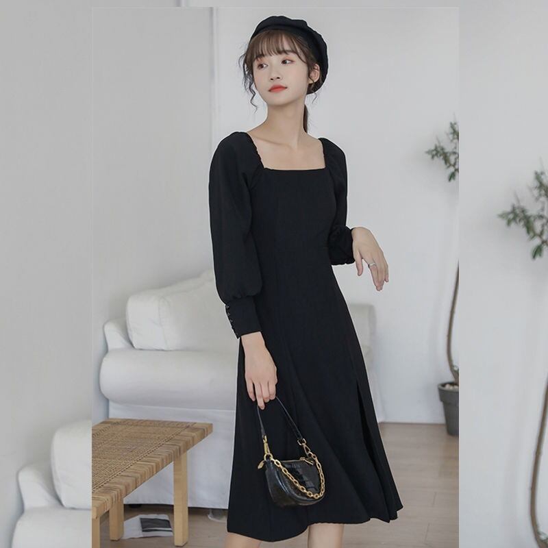 【新作】【送料無料】 スリムなウエストとスリムな気質スリット付きのワンラインカラーレトロリトルブラックドレス2022秋冬長袖スクエアカラーホワイトドレス 0229799160383