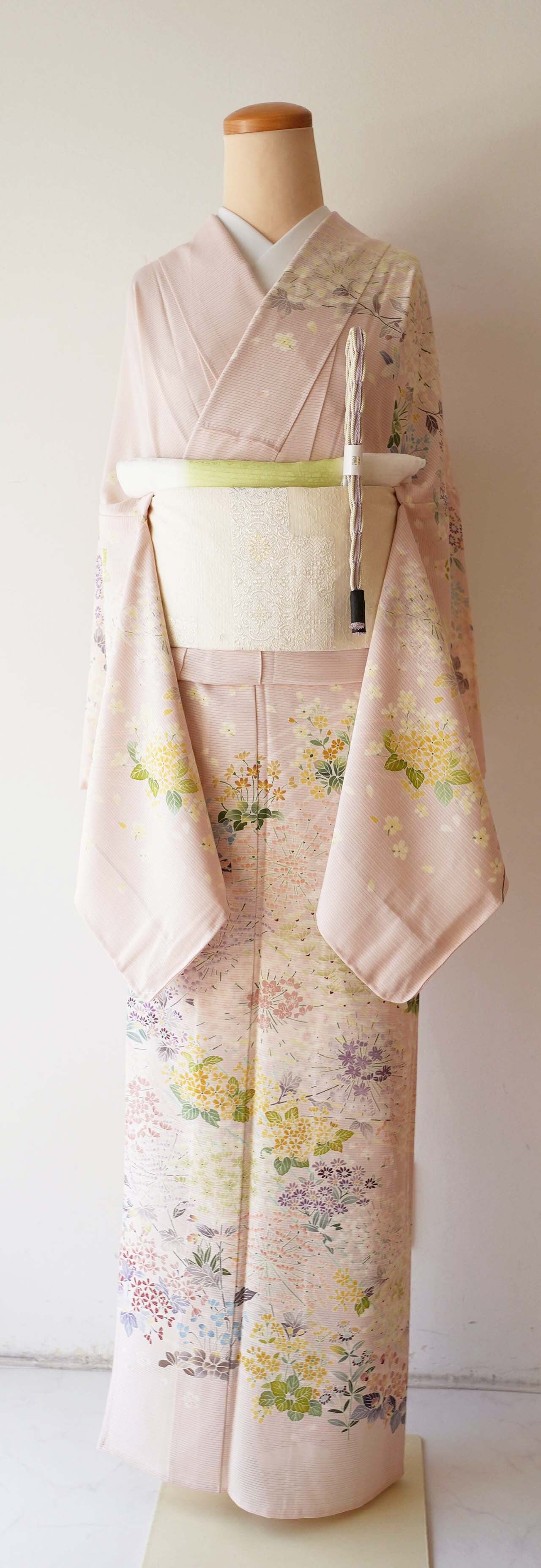 訪問着 絽 夏 夏着物 アイボリー 草花文　身丈158.5cm 正絹 夏・絽】乙女色 草花文 絽訪問着 | 大山キモノ・ちぇらうなぼるた