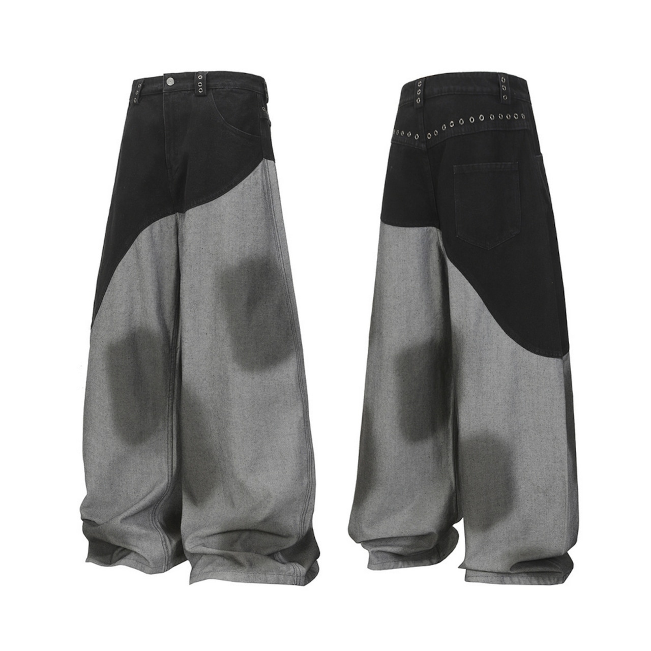 ストリート 黒灰パッチワーク デニムパンツ P353