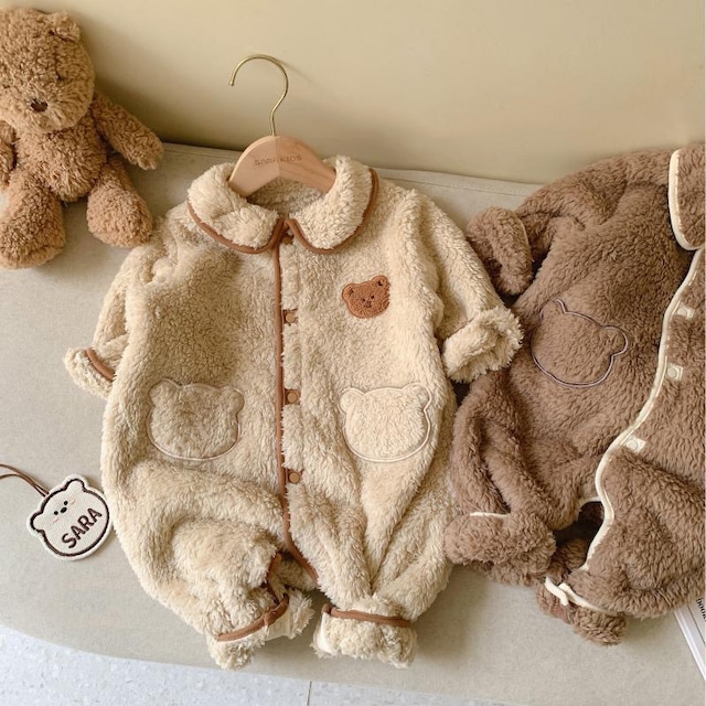 【BABY】冬作モコモコ熊刺しゅう入り連体服