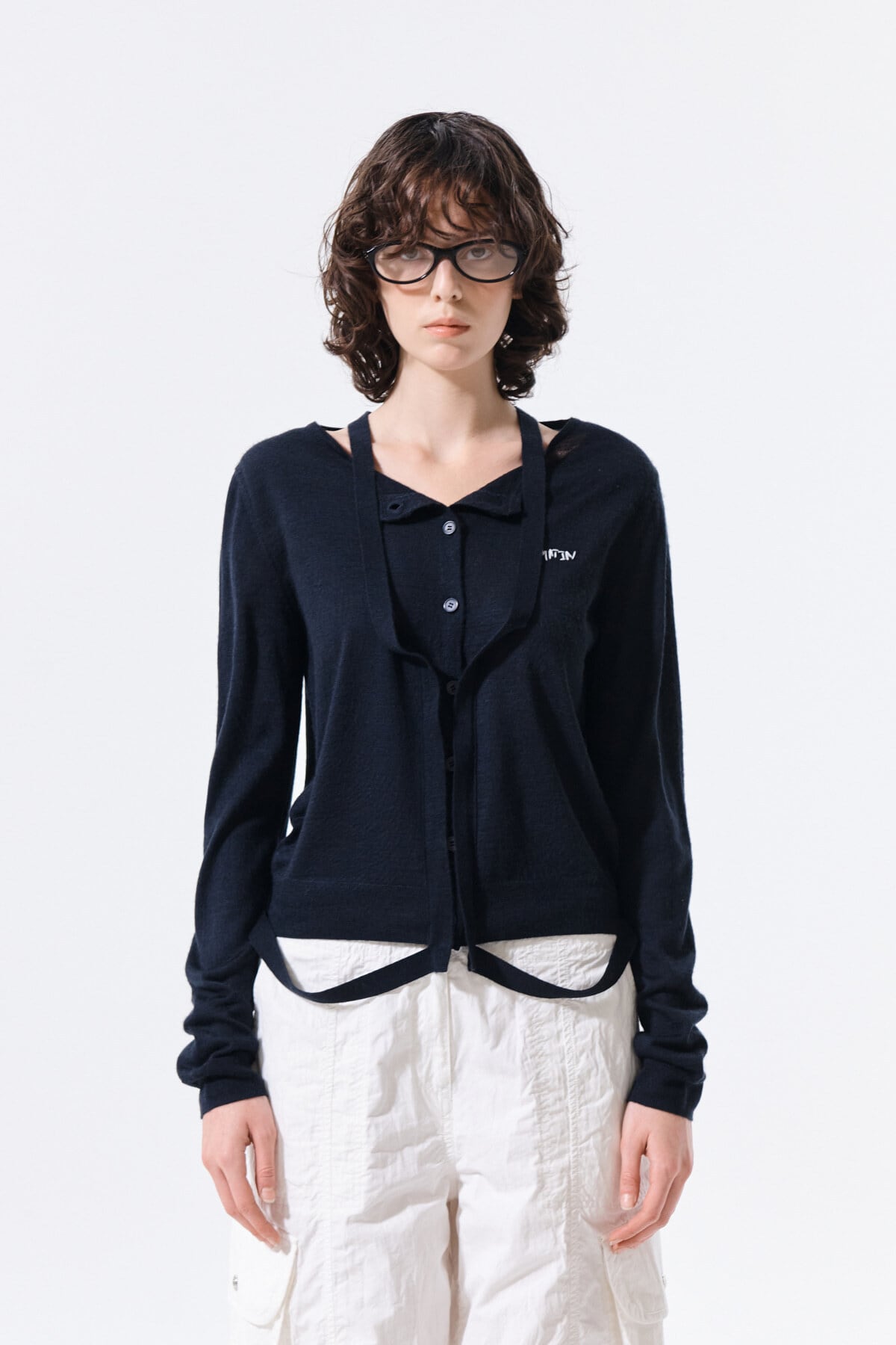 Matin Kim] STRING DETAIL KNIT CARDIGAN IN DARK NAVY 正規品 韓国